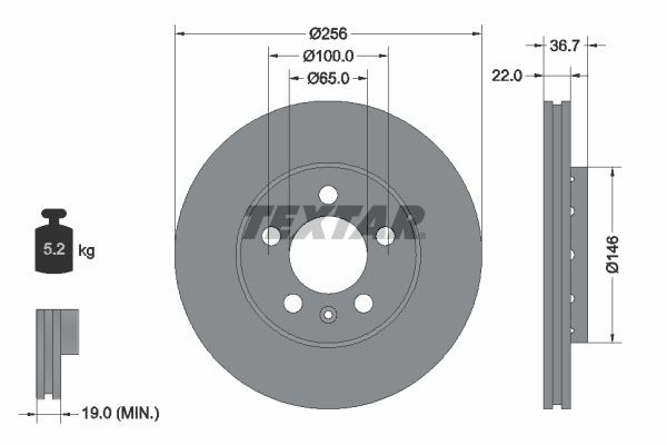 TEXTAR 92082200: Remschijf Ø: 256mm, Buiten geventileerd, Ø: 256mm, Zonder wielnaaf, Zonder wiellager, Zonder wielbevestigingsbout