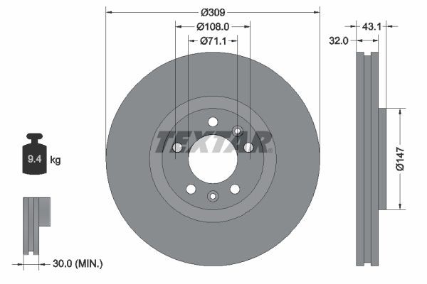 TEXTAR 92111900: Bromsskiva Ø: 309mm, ventilerad invändigt, Ø: 309mm, utan hjulvnav, utan hjullager, utan hjulbultar
