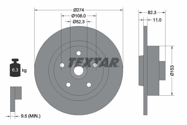 TEXTAR 92119100: Tarcza hamulcowa Ø: 274[mm], pełny, Ø: 274[mm], z piastą, bez łożyska koła, bez sworznia mocującego koła