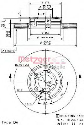METZGER 24896 V: Bromsskiva Ø: 332mm, ventilerad invändigt, med säkringsskruvsats, CST218