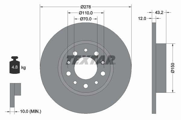 TEXTAR 92145200: Remschijf Ø: 278mm, volledig, Ø: 278mm, Zonder wielnaaf, Zonder wiellager, Zonder wielbevestigingsbout