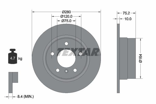 TEXTAR 92146000: Jarrulevy Ø: 280mm, täysi, Ø: 280mm, Ilman pyörännapaa, ilman pyöränlaakeria, Ilman pyöränkiinnityspultteja