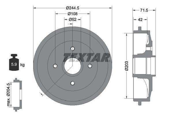 TEXTAR 94026600: Спирачен барабан 244mm, с колесна главина, без колесен лагер, без болтове за закрепване на колелата