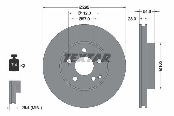 TEXTAR 92115105: Remschijf Ø: 295mm, interne ventilatie, Ø: 295mm, Gecoat, Zonder wielnaaf, Zonder wiellager, Zonder wielbevestigingsbout PRO+