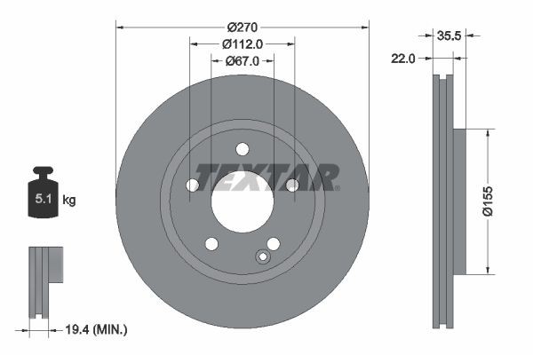 TEXTAR 92124500: Disque de frein Ø: 270mm, ventilé de l'intérieur, Ø: 270mm, sans moyeu de roue, sans roulement de roue, sans boulon de fix° de roue