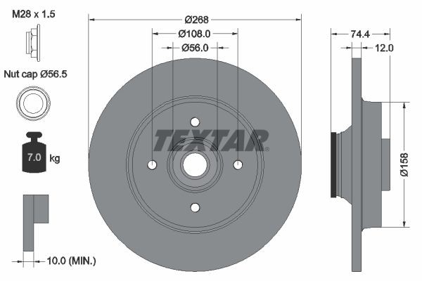 TEXTAR 92168700: Bremsscheibe Ø: 268mm, voll, Ø: 268mm, mit Achsmutter, mit integriertem magnetischen Sensorring, mit Radlager, ohne Radbefestigungsbolzen, ohne Radnabe