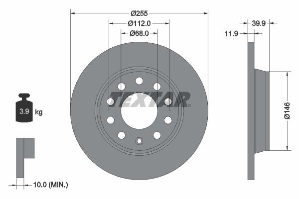 TEXTAR 92106303: Bremsscheibe Ø: 255mm, voll, Ø: 255mm, beschichtet, ohne Radnabe, ohne Radlager, ohne Radbefestigungsbolzen PRO