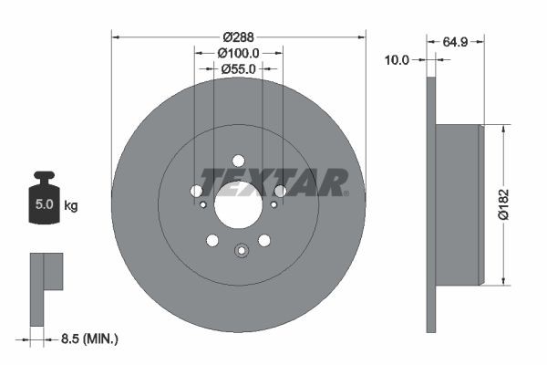 TEXTAR 92135903: Féktárcsa Ø: 288mm, tele, Ø: 288mm, bevonatolt, kerékagy nélkül, kerékcsapágy nélkül, kerékrögzítő csavar nélkül PRO