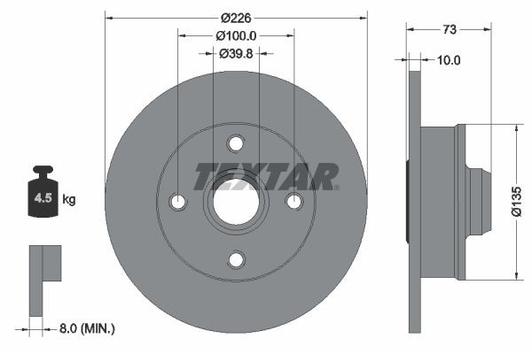 TEXTAR 92154203: Remschijf Ø: 226mm, volledig, Ø: 226mm, Gecoat, Zonder wielnaaf, Zonder wiellager, Zonder wielbevestigingsbout, Met ABS sensorring PRO