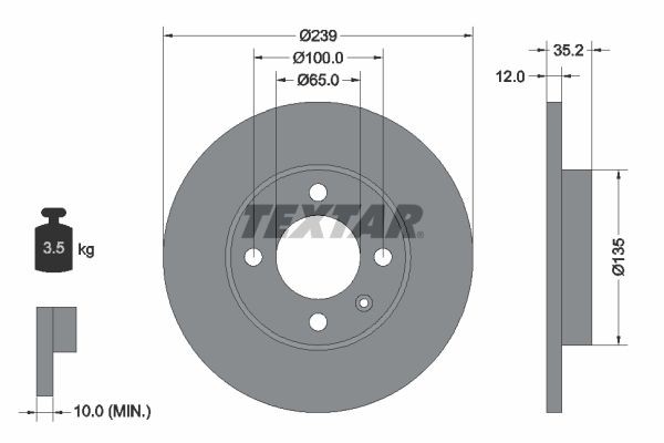 TEXTAR 92010603: Disco de freno Ø: 239mm, macizo, Ø: 239mm, revestido, sin buje de rueda, sin cojinete rueda, sin perno de sujeción de rueda PRO