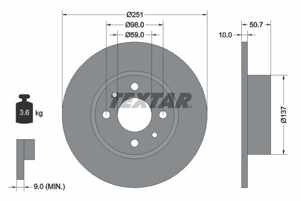 TEXTAR 92034203: Bremsscheibe Ø: 251mm, voll, Ø: 251mm, beschichtet, ohne Radnabe, ohne Radlager, ohne Radbefestigungsbolzen PRO