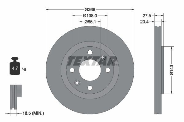 TEXTAR 92048103: Bremsscheibe Ø: 266mm, außenbelüftet, Ø: 266mm, beschichtet, ohne Radnabe, ohne Radlager, ohne Radbefestigungsbolzen PRO