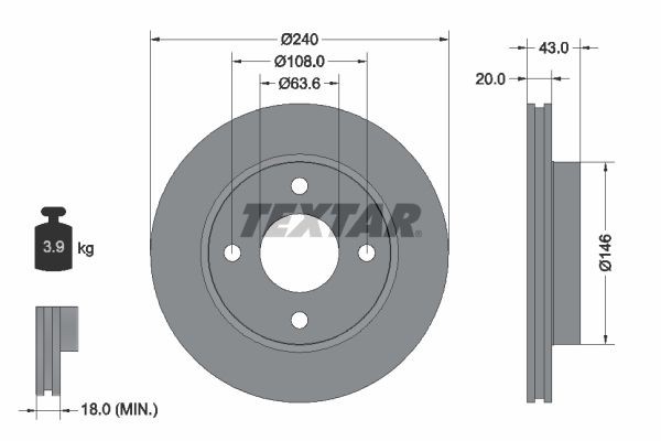 TEXTAR 92051003: Remschijf Ø: 240mm, interne ventilatie, Ø: 240mm, Gecoat, Zonder wielnaaf, Zonder wiellager, Zonder wielbevestigingsbout PRO