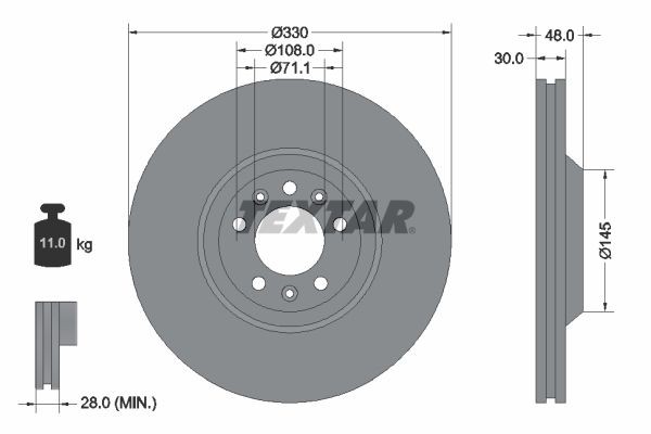 TEXTAR 92129503: Remschijf Ø: 330mm, Buiten geventileerd, Ø: 330mm, Gecoat, Zonder wielnaaf, Zonder wiellager, Zonder wielbevestigingsbout PRO