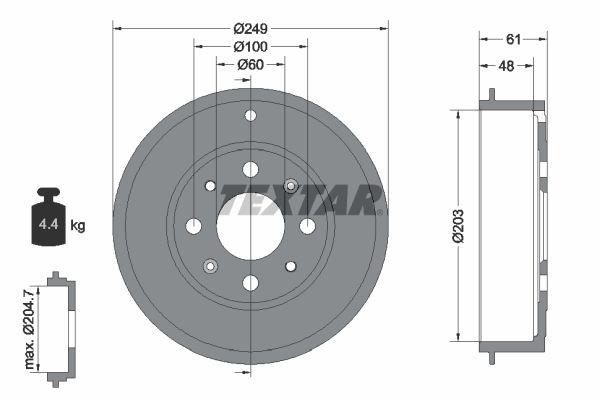 TEXTAR 94027600: Bremžu trumulis 249mm, bez riteņa rumbas, bez riteņa rumbas gultņa, bez riteņu stiprināšanas skrūvēm