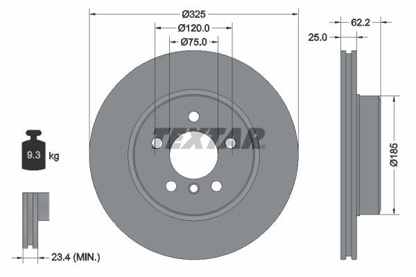 TEXTAR 92141503: Disque de frein Ø: 325mm, ventilé de l'intérieur, Ø: 325mm, revêtu, sans moyeu de roue, sans roulement de roue, sans boulon de fix° de roue PRO