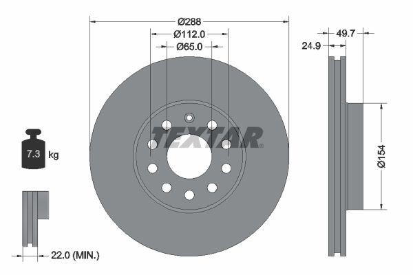 TEXTAR 92120803: Remschijf Ø: 288mm, interne ventilatie, Ø: 288mm, Gecoat, Zonder wielnaaf, Zonder wiellager, Zonder wielbevestigingsbout PRO