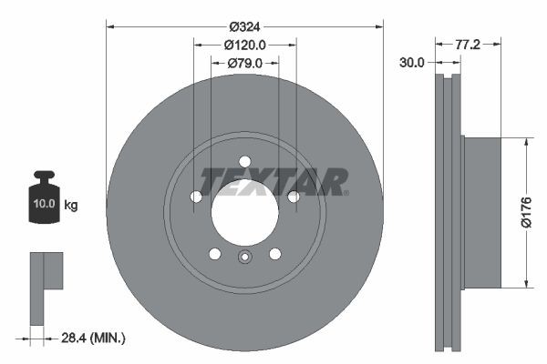 TEXTAR 92122603: Remschijf Ø: 324mm, interne ventilatie, Ø: 324mm, Gecoat, Zonder wielnaaf, Zonder wiellager, Zonder wielbevestigingsbout PRO
