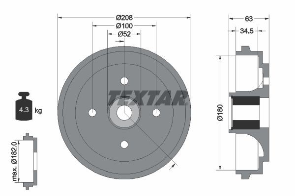TEXTAR 94032500: Jarrurumpu 208mm, Pyörännavalla, Pyöränlaakerilla, Ilman pyöränkiinnityspultteja