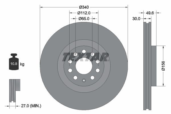 TEXTAR 92229803: Bremseskive Ø: 340mm, indvendigt ventileret, Ø: 340mm, coatet, uden hjulnav, uden hjullejer, uden hjulbolte PRO