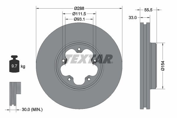 TEXTAR 93260600: Remschijf Ø: 288mm, interne ventilatie, Ø: 288mm, Zonder wielnaaf, Zonder wiellager, Zonder wielbevestigingsbout