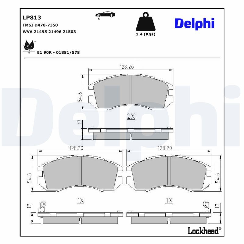 DELPHI LP813: Fékbetét készlet, tárcsafék Tartozékok nélkül, csikorgásgátló lemez nélkül