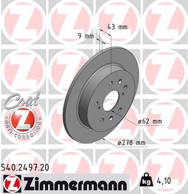 ZIMMERMANN 540.2497.20: Bromsskiva Bakaxel, Ø: 278mm, full, Ø: 278mm, belagd COAT Z
