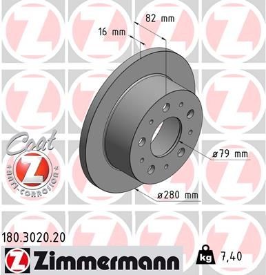 ZIMMERMANN 180.3020.20: Спирачен диск задна ос, Ø: 280mm, плътен, Ø: 280mm, с покритие COAT Z