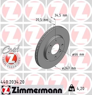 ZIMMERMANN 440.2034.20: Féktárcsa elsőtengely, Ø: 247mm, belső hűtésű, Ø: 247mm, bevonatolt COAT Z