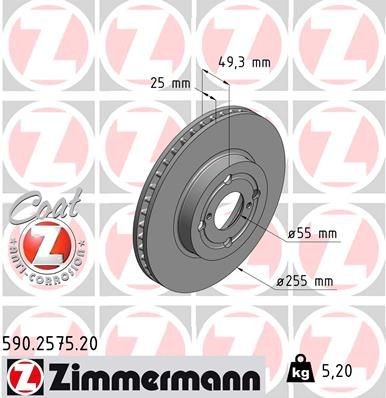 ZIMMERMANN 590.2575.20: Remschijf Vooras, Ø: 255mm, interne ventilatie, Ø: 255mm, Gecoat COAT Z