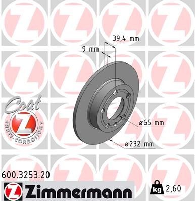 ZIMMERMANN 600.3253.20: Bremseskive bagaksel, Ø: 232mm, fuldstændigt, Ø: 232mm, coatet COAT Z