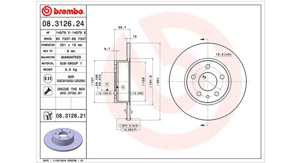 MAGNETI MARELLI 360406021100: Bremsscheibe Ø: 251mm, voll, Ø: 251mm, mit Schrauben