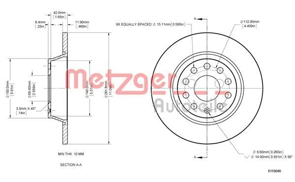 METZGER 6110046: Tarcza hamulcowa Oś tylna, Ø: 282[mm], pełny, Ø: 282[mm], lakierowany, Szlif krzyżowy, ze śrubami