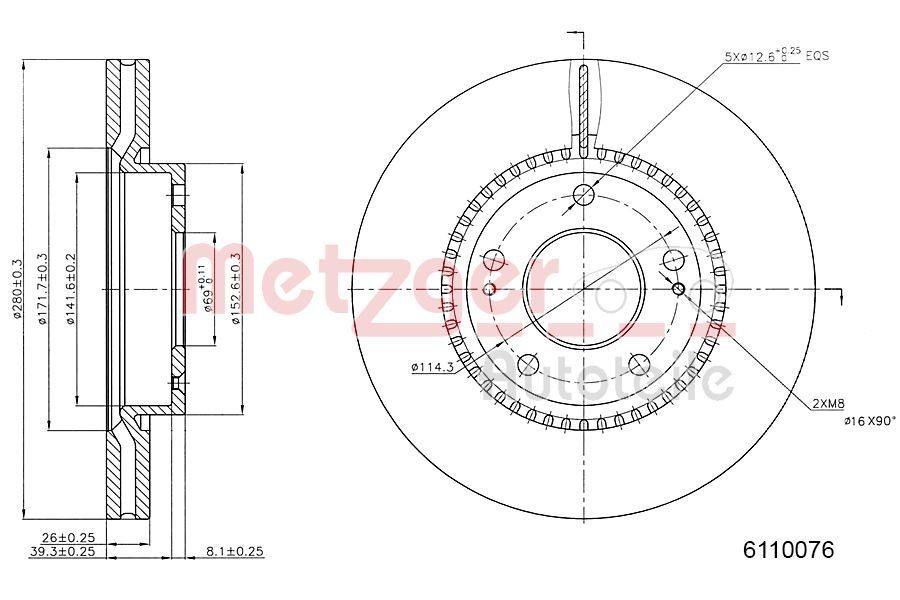 METZGER 6110076: Bremžu diski Priekšējais tilts pa kreisi, Priekšējais tilts pa labi, Ø: 280mm, ar iekšējo ventilāciju, Ø: 280mm, lakots, Krustveida slīpēšana