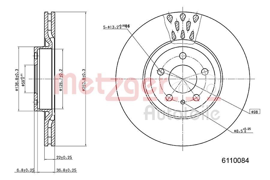 METZGER 6110084: Bremsscheibe Vorderachse links, Vorderachse rechts, Ø: 284mm, innenbelüftet, Ø: 284mm, lackiert, Kreuzschliff, mit Schrauben