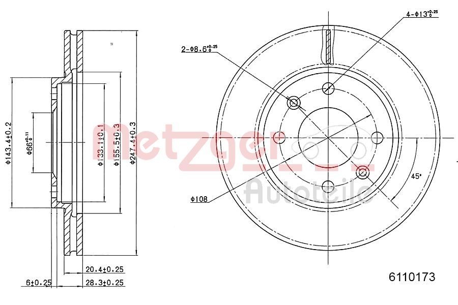 METZGER 6110173: Féktárcsa Első tengely bal, Első tengely jobb, Ø: 247mm, belső hűtésű, Ø: 247mm, lakkozott, Keresztmetszet, csavarokkal