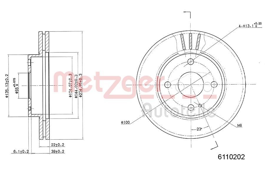 METZGER 6110202: Bremžu diski Priekšējais tilts pa kreisi, Priekšējais tilts pa labi, Ø: 235mm, ar iekšējo ventilāciju, Ø: 235mm, lakots, Krustveida slīpēšana