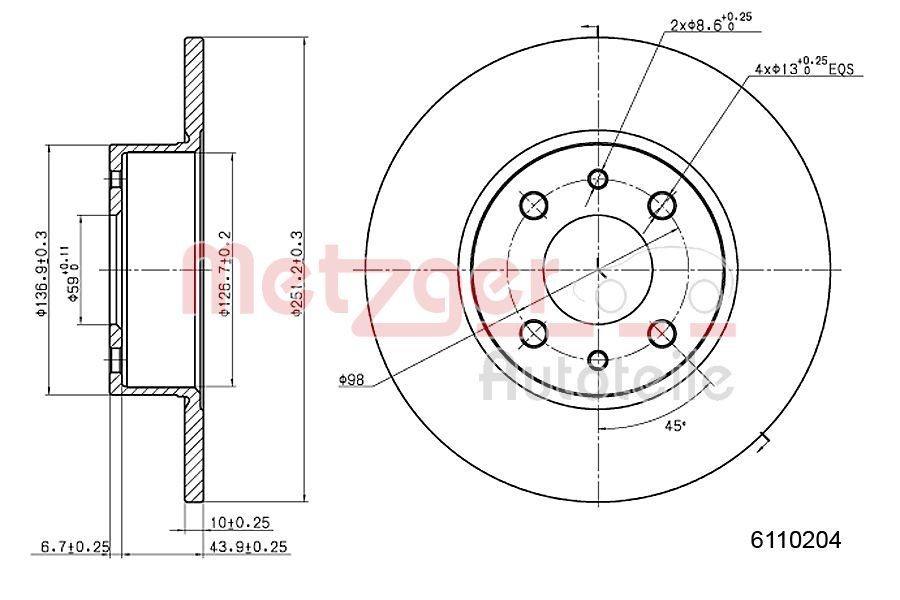METZGER 6110204: Bremsscheibe Hinterachse, Ø: 251mm, voll, Ø: 251mm, lackiert, Kreuzschliff, mit Schrauben