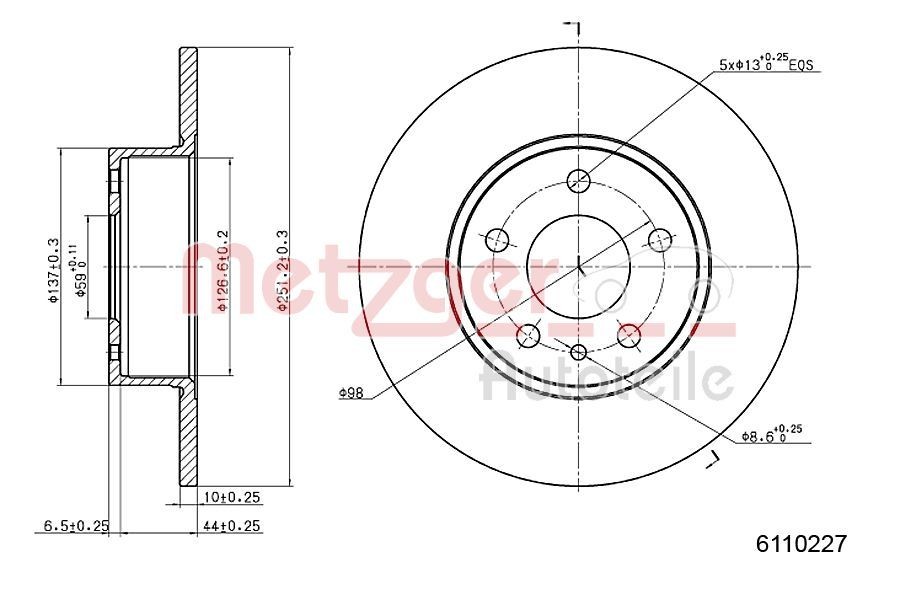 METZGER 6110227: Bremsscheibe Hinterachse, Ø: 251mm, voll, Ø: 251mm, lackiert, Kreuzschliff, mit Schrauben