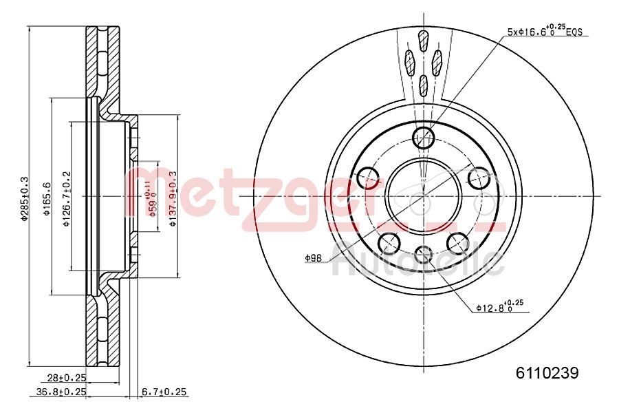 METZGER 6110239: Remschijf Vooras links, Vooras rechts, Ø: 285mm, interne ventilatie, Ø: 285mm, Gelakt, Kruislings geslepen