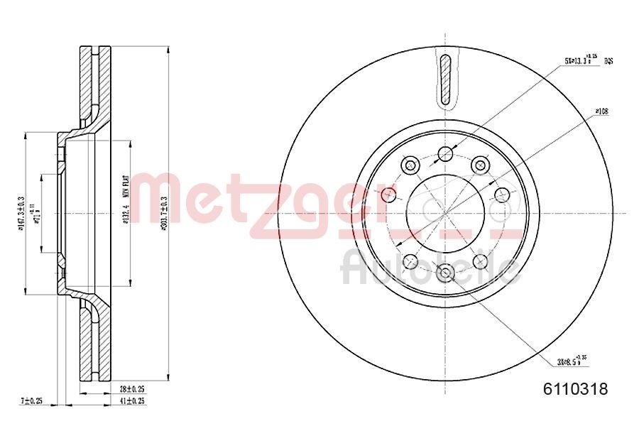 METZGER 6110318: Remschijf Vooras links, Vooras rechts, Ø: 304mm, interne ventilatie, Ø: 304mm, Gelakt, Kruislings geslepen