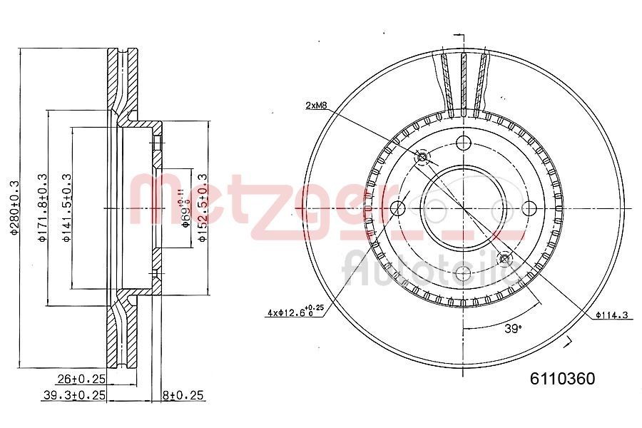 METZGER 6110360: Jarrulevy Etuakseli, vasen, Etuakseli, oikea, Ø: 280mm, tuuletettu sisältä, Ø: 280mm, Lakattu, Ristiinhionta