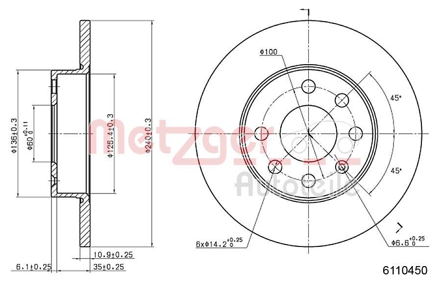 METZGER 6110450: Bremsscheibe Vorderachse links, Vorderachse rechts, Ø: 239mm, voll, Ø: 239mm, lackiert, Kreuzschliff, mit Schrauben