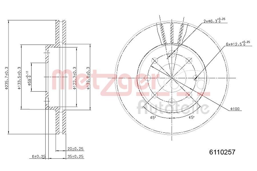 METZGER 6110257: Bremsscheibe Vorderachse links, Vorderachse rechts, Ø: 236mm, innenbelüftet, Ø: 236mm, lackiert, Kreuzschliff