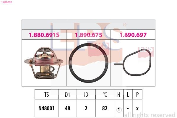 EPS 1.880.692: Kühlwasserthermostat 82°C, 48mm, mit Dichtung, Made in Italy - OE Equivalent