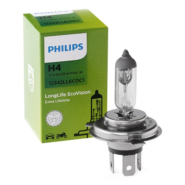 PHILIPS 12342LLECOC1: Крушка с нагреваема жичка, фар за дълги светлини 12волт, 60/55W, H4 LongLife EcoVision