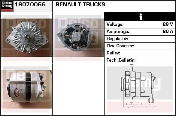 DELCO REMY 19070066: Alternator Pumps 80A, cu regulator integrat