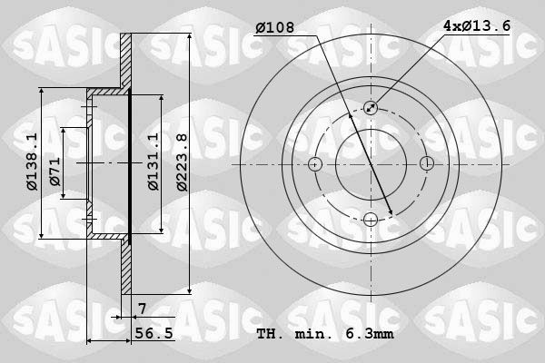 SASIC 2004276J: Remschijf Achteras, Ø: 224mm, volledig, Ø: 224mm