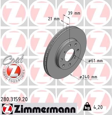 ZIMMERMANN 280.3159.20: Bromsskiva Ø: 240mm, ventilerad invändigt, Ø: 240mm, belagd COAT Z