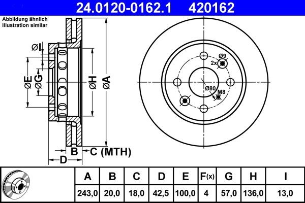 ATE 24.0120-0162.1 Bremsscheibe Ø: 243,0mm, Belüftet, Ø: 243,0mm